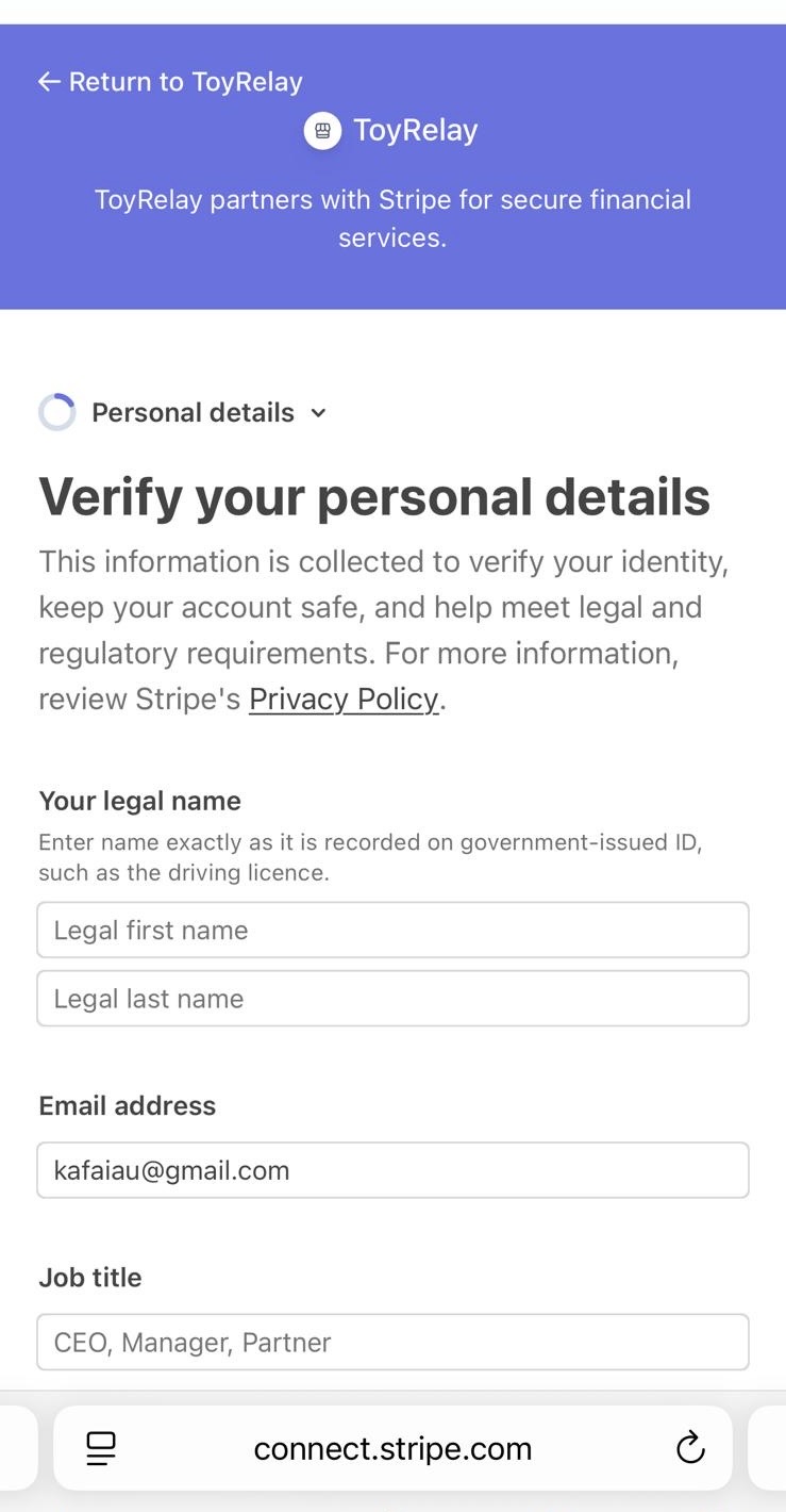 Stripe Express screen for verifying personal details