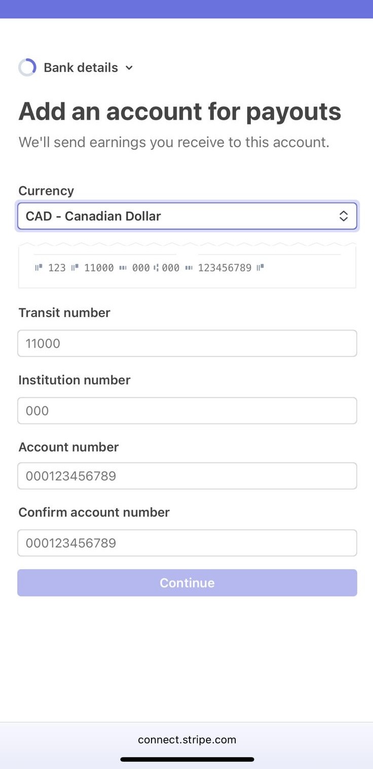 Stripe Express screen for adding a Canadian bank account for payouts