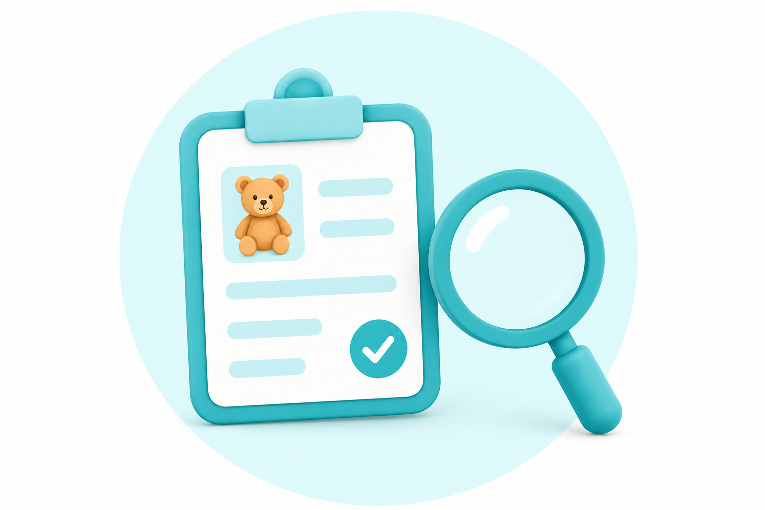 Clipboard with a teddy bear listing next to a magnifying glass