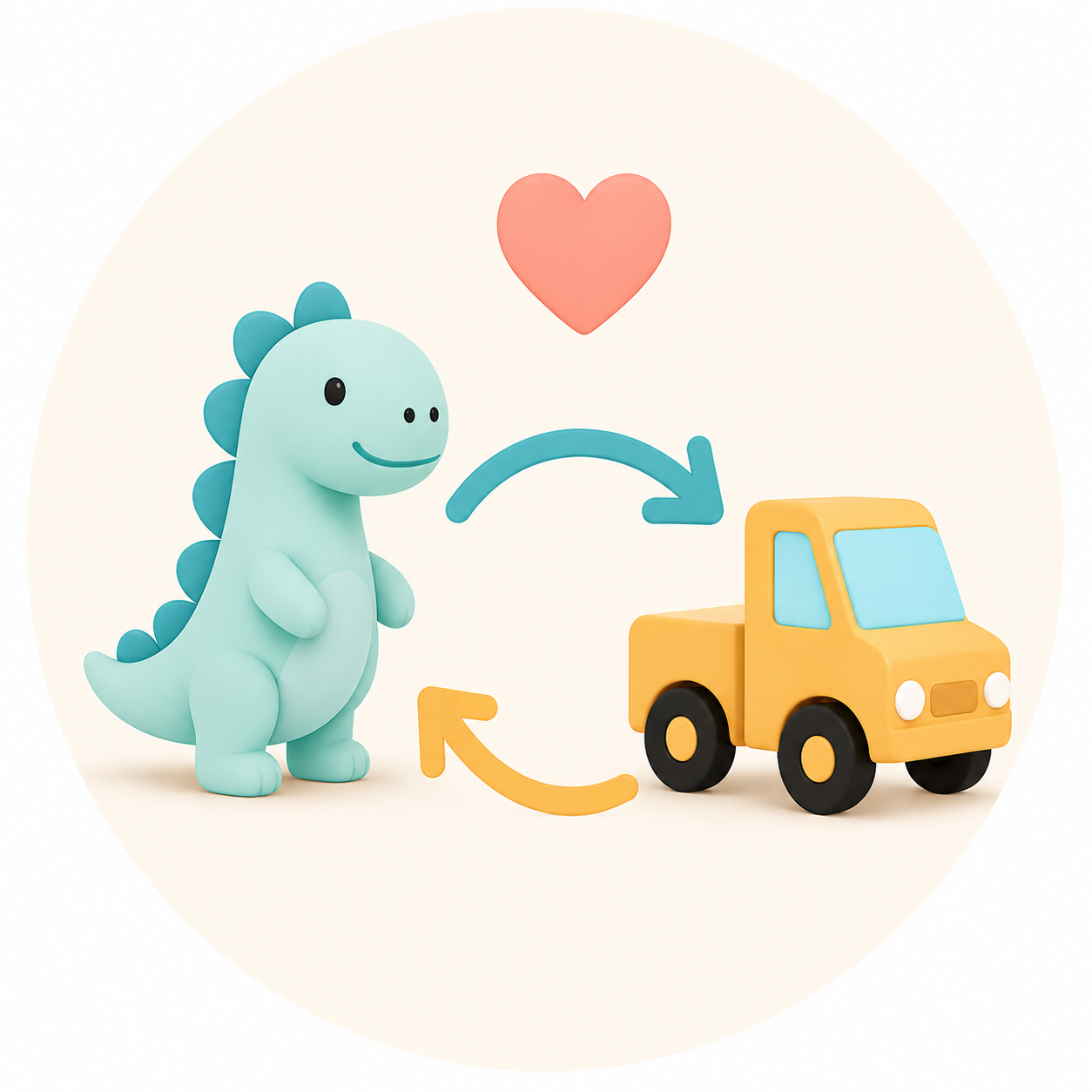 Toy dinosaur and toy truck swapping places with a heart above them