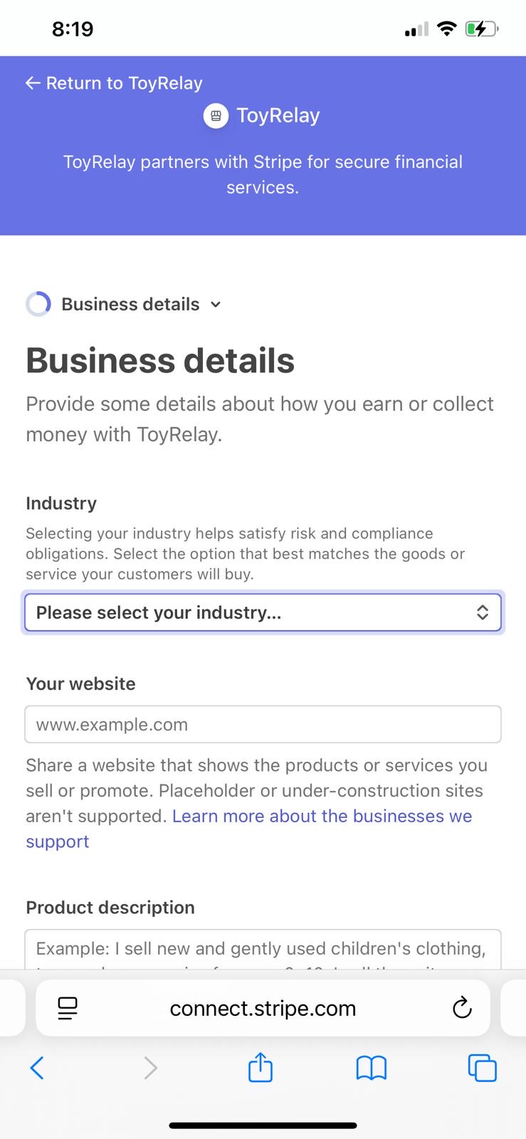 Stripe Express business details screen with industry, website and product description